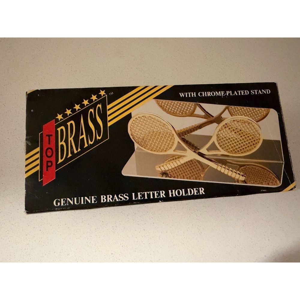 1980 Genuine Brass Tennis Racket Letter Holder w/Chrome Plated Stand NIB